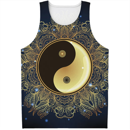 Gold Yin Yang Mandala Print Men's Tank Top
