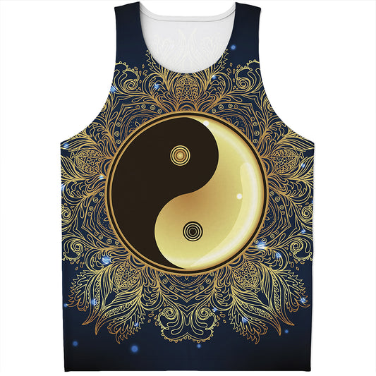 Gold Yin Yang Mandala Print Men's Tank Top
