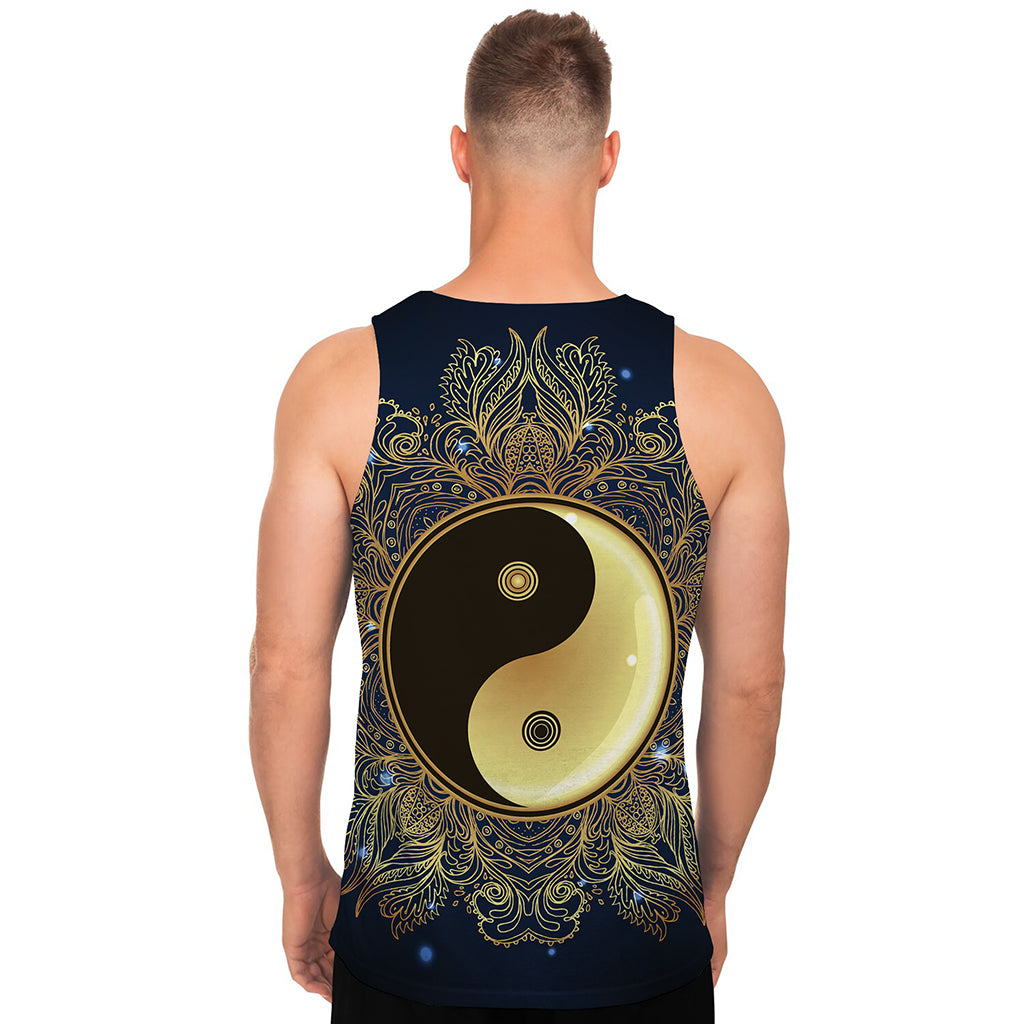 Gold Yin Yang Mandala Print Men's Tank Top