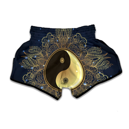Gold Yin Yang Mandala Print Muay Thai Boxing Shorts