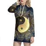 Gold Yin Yang Mandala Print Pullover Hoodie Dress