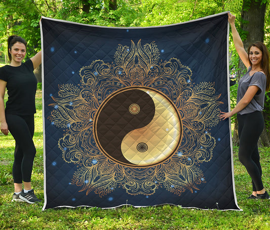 Gold Yin Yang Mandala Print Quilt
