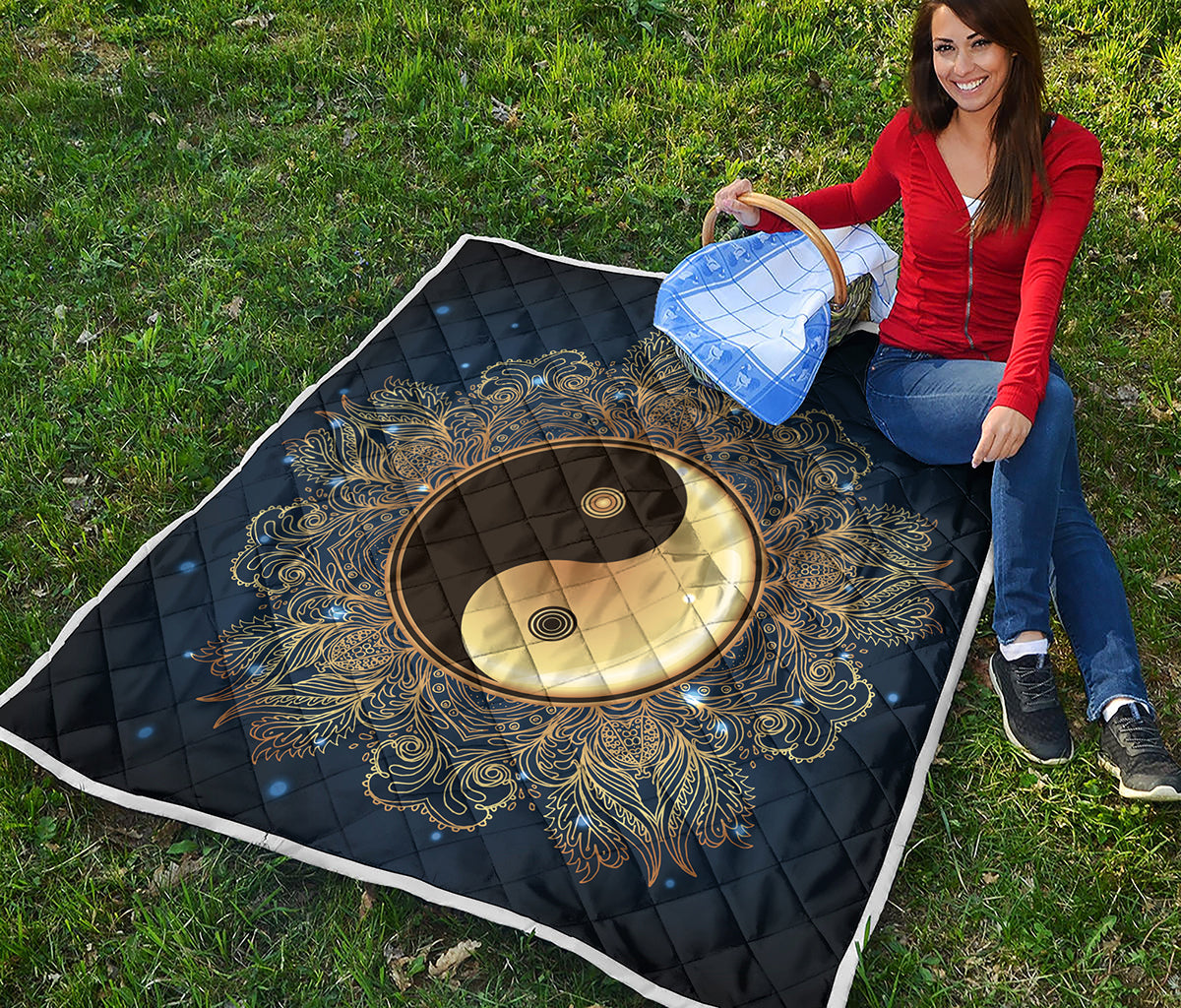 Gold Yin Yang Mandala Print Quilt