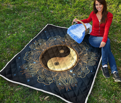 Gold Yin Yang Mandala Print Quilt