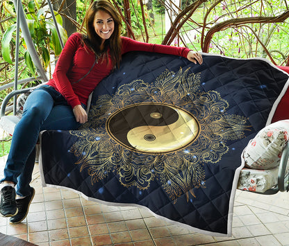 Gold Yin Yang Mandala Print Quilt