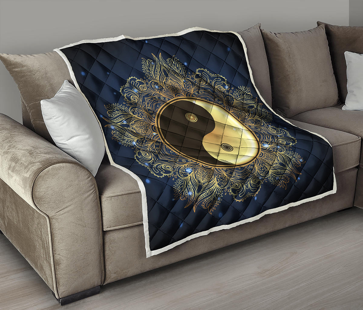 Gold Yin Yang Mandala Print Quilt