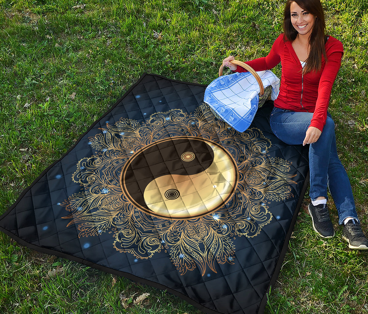 Gold Yin Yang Mandala Print Quilt