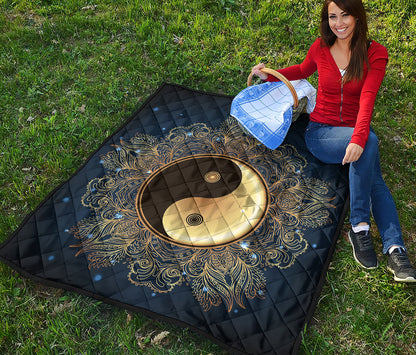 Gold Yin Yang Mandala Print Quilt