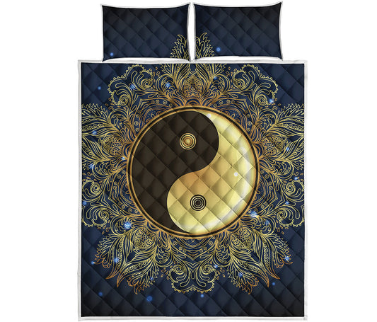 Gold Yin Yang Mandala Print Quilt Bed Set