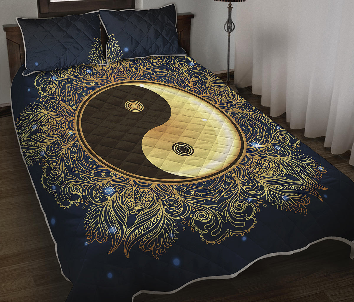 Gold Yin Yang Mandala Print Quilt Bed Set