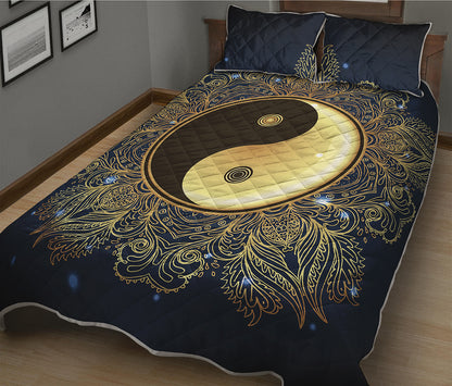 Gold Yin Yang Mandala Print Quilt Bed Set