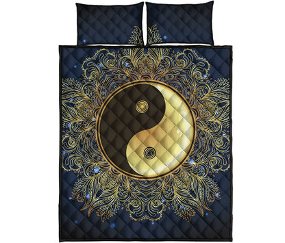 Gold Yin Yang Mandala Print Quilt Bed Set