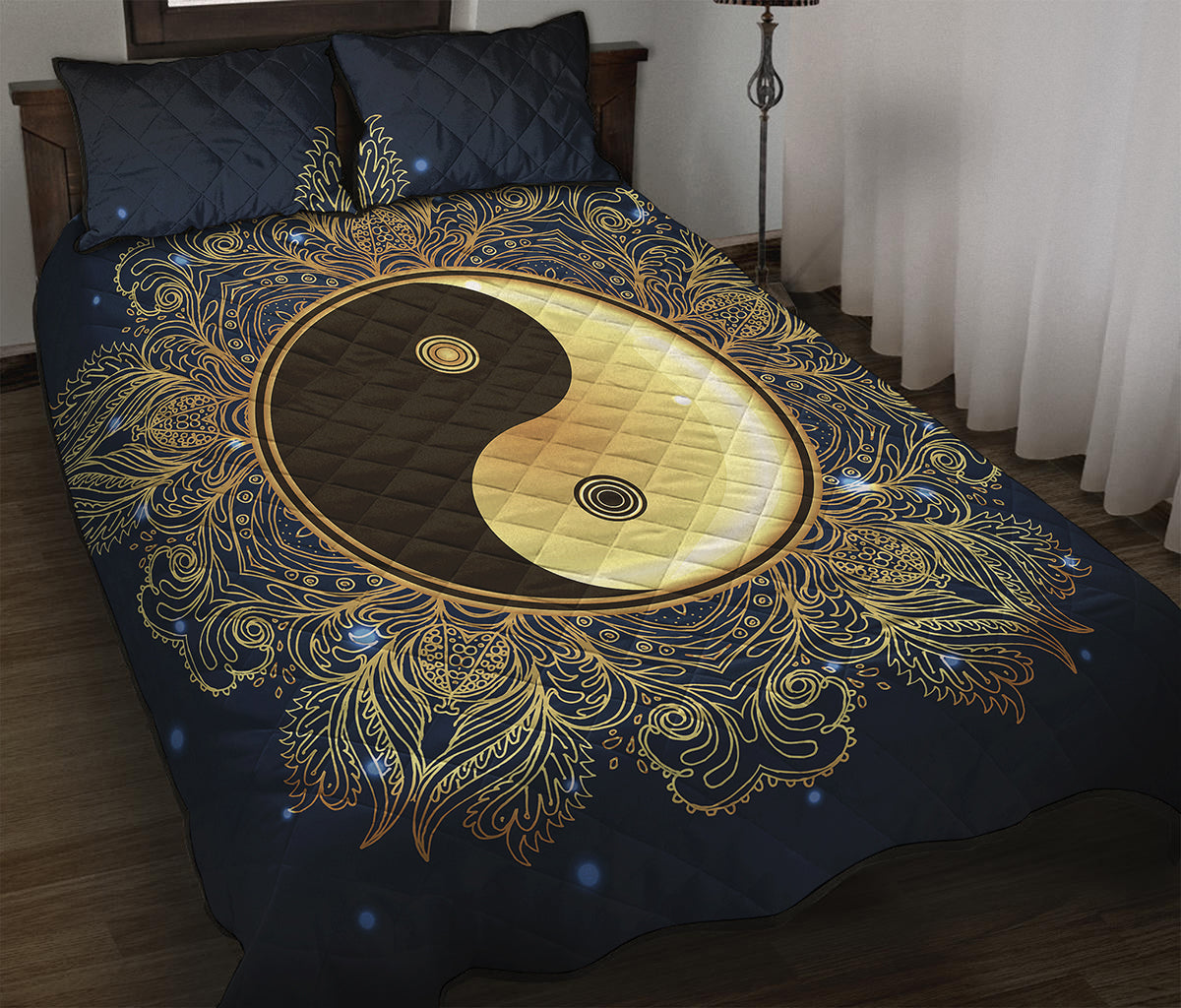 Gold Yin Yang Mandala Print Quilt Bed Set