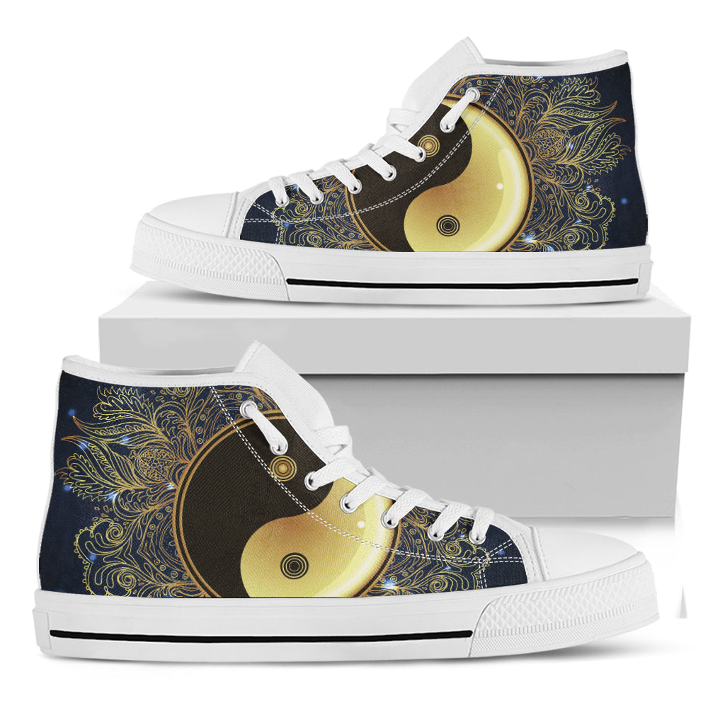 Gold Yin Yang Mandala Print White High Top Shoes