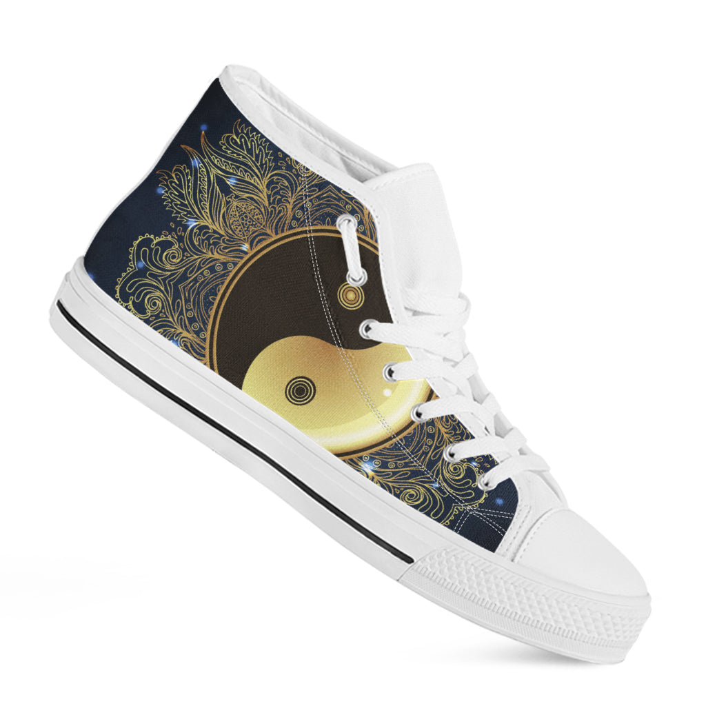 Gold Yin Yang Mandala Print White High Top Shoes