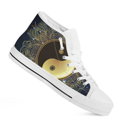 Gold Yin Yang Mandala Print White High Top Shoes