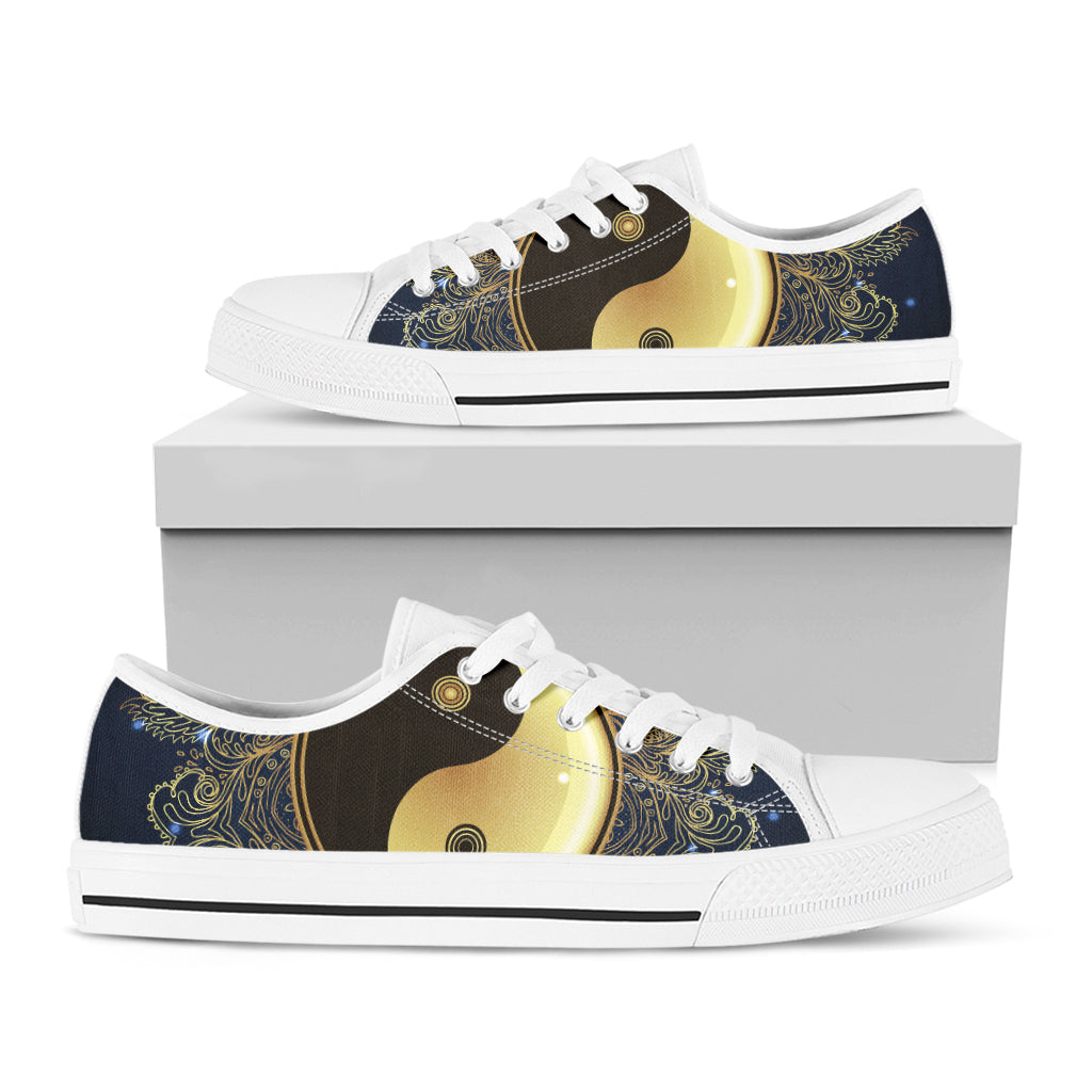 Gold Yin Yang Mandala Print White Low Top Shoes
