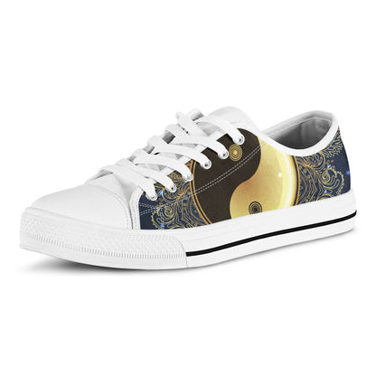 Gold Yin Yang Mandala Print White Low Top Shoes