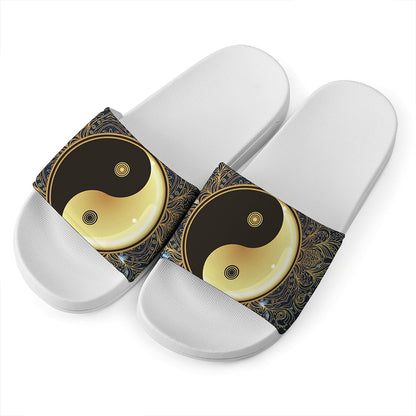 Gold Yin Yang Mandala Print White Slide Sandals
