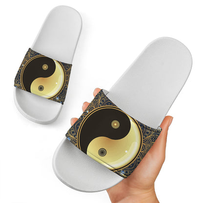 Gold Yin Yang Mandala Print White Slide Sandals