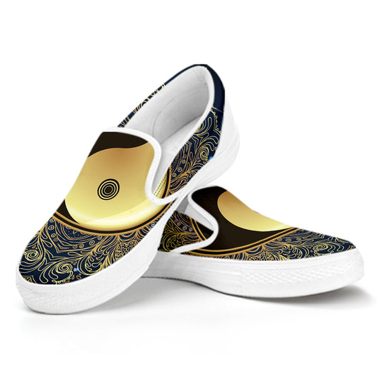 Gold Yin Yang Mandala Print White Slip On Shoes