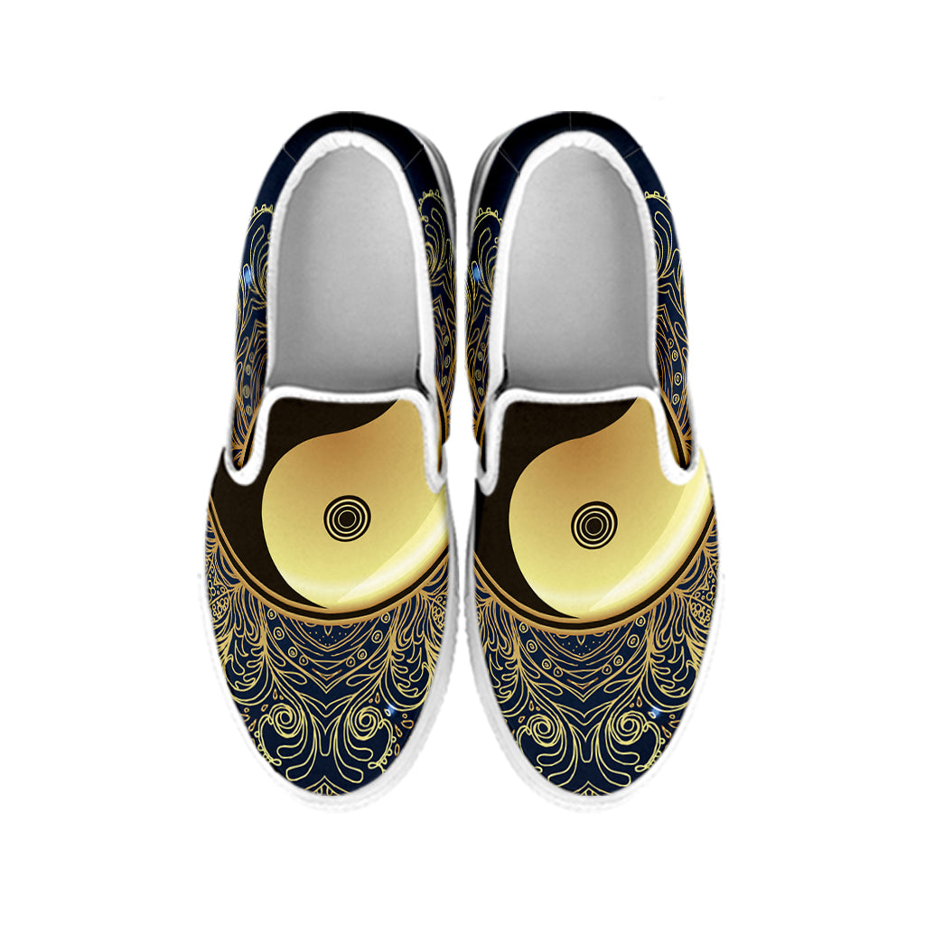 Gold Yin Yang Mandala Print White Slip On Shoes