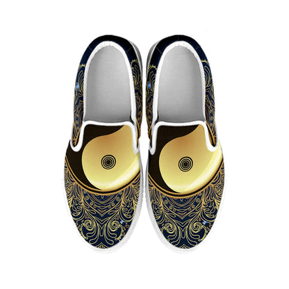 Gold Yin Yang Mandala Print White Slip On Shoes
