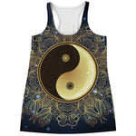 Gold Yin Yang Mandala Print Women's Racerback Tank Top