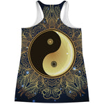 Gold Yin Yang Mandala Print Women's Racerback Tank Top