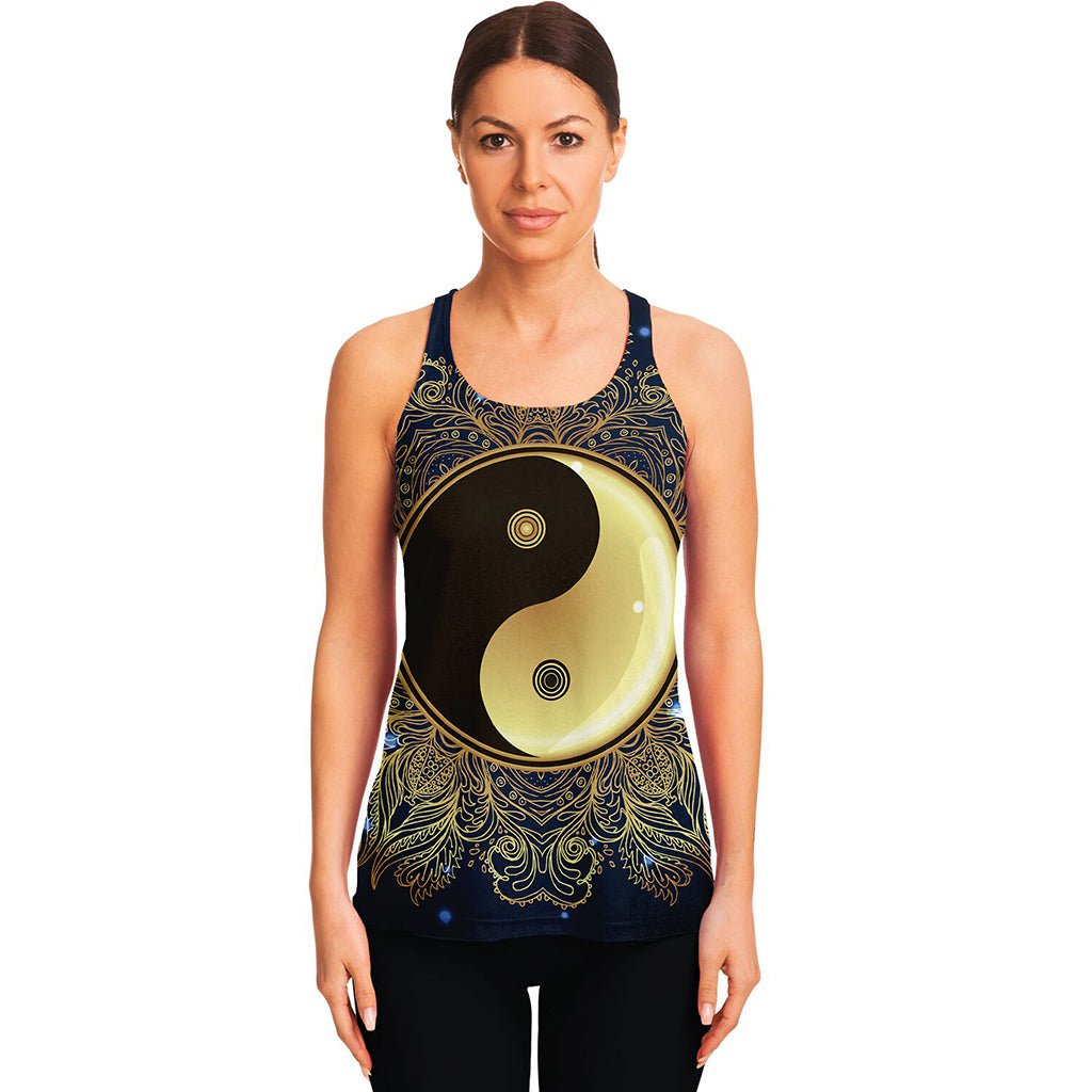 Gold Yin Yang Mandala Print Women's Racerback Tank Top