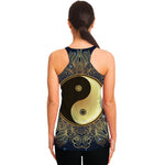 Gold Yin Yang Mandala Print Women's Racerback Tank Top