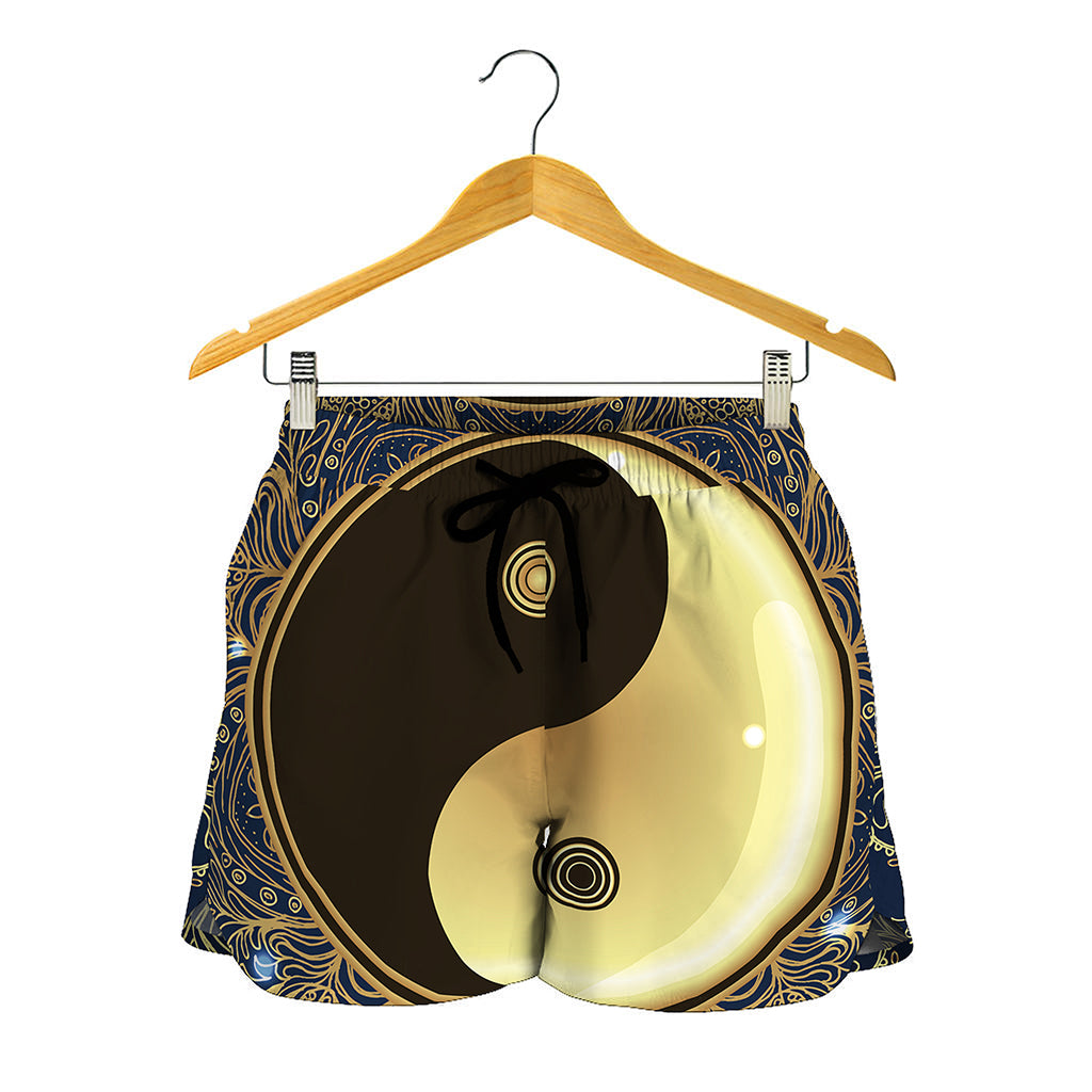 Gold Yin Yang Mandala Print Women's Shorts