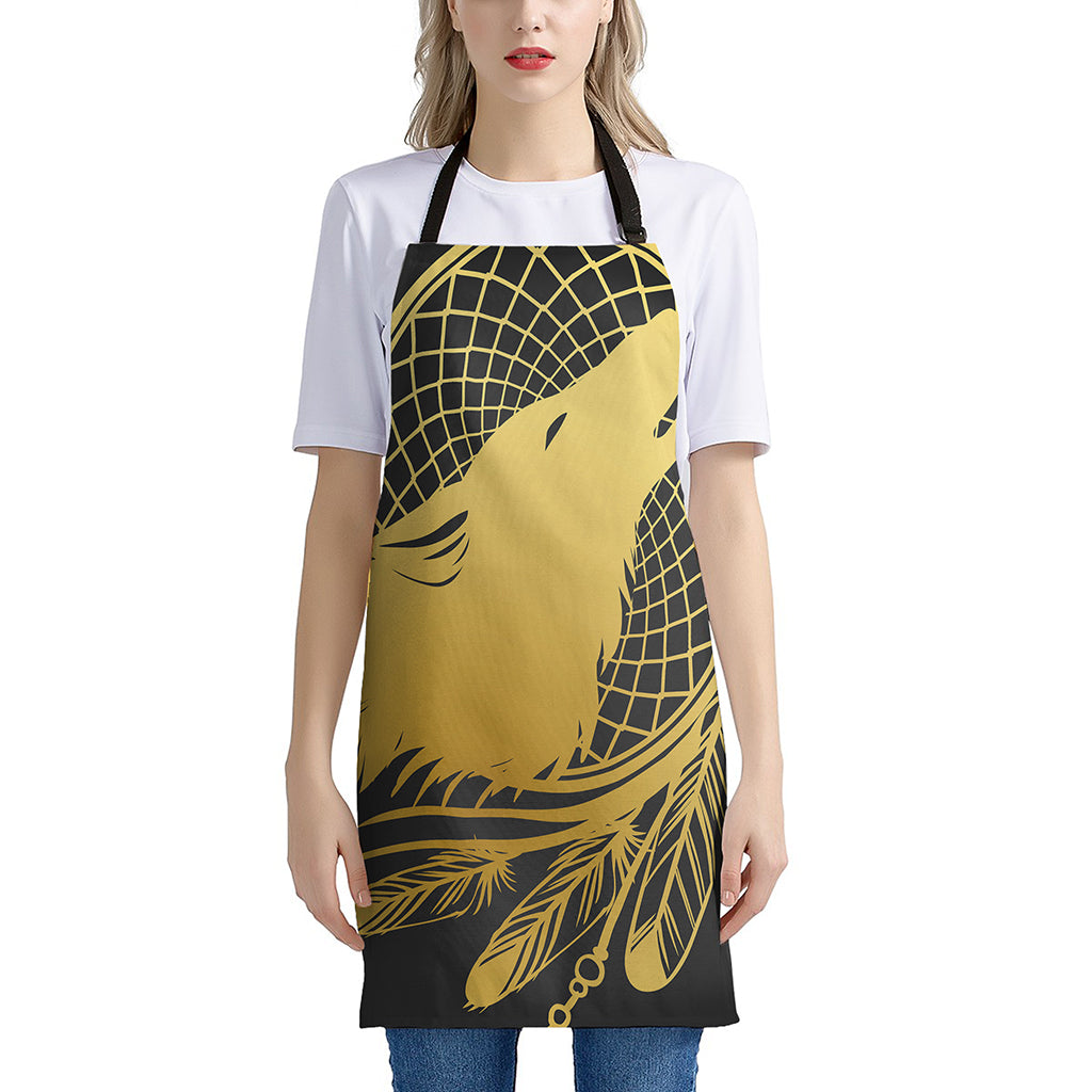 Golden Bohemian Howling Wolf Print Apron