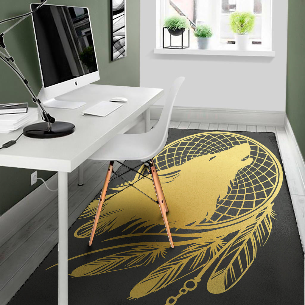 Golden Bohemian Howling Wolf Print Area Rug