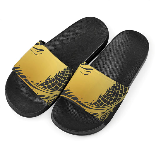 Golden Bohemian Howling Wolf Print Black Slide Sandals