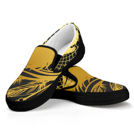 Golden Bohemian Howling Wolf Print Black Slip On Shoes