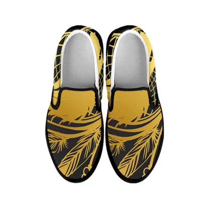 Golden Bohemian Howling Wolf Print Black Slip On Shoes