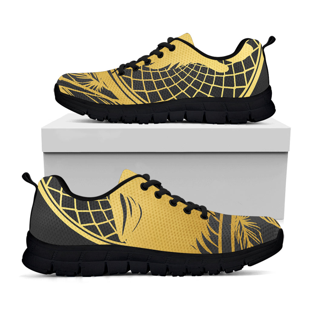 Golden Bohemian Howling Wolf Print Black Sneakers