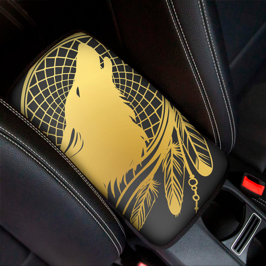 Golden Bohemian Howling Wolf Print Car Center Console Cover