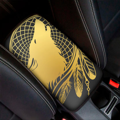 Golden Bohemian Howling Wolf Print Car Center Console Cover