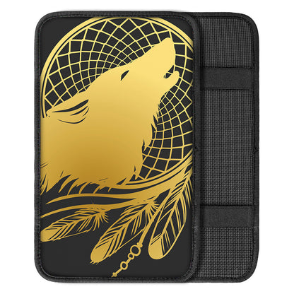 Golden Bohemian Howling Wolf Print Car Center Console Cover