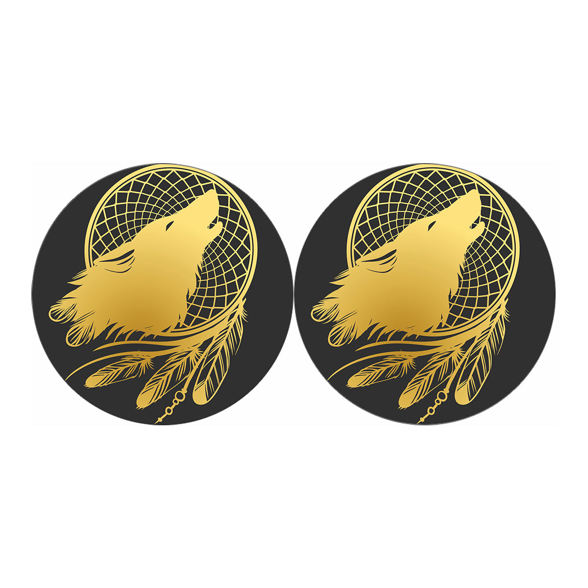 Golden Bohemian Howling Wolf Print Car Coasters