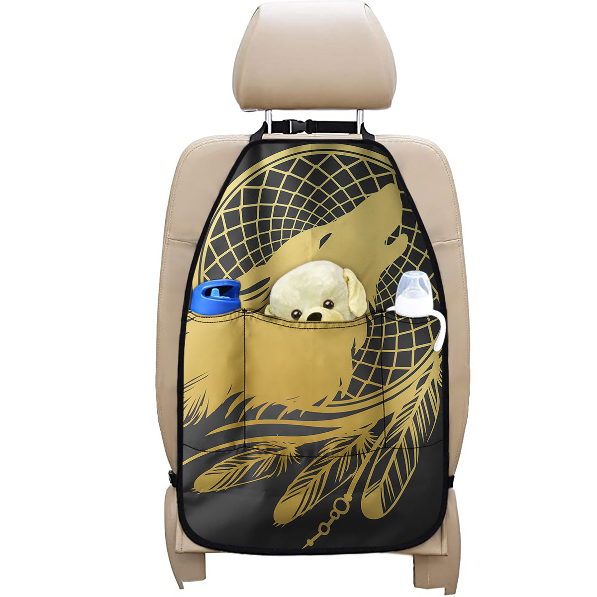 Golden Bohemian Howling Wolf Print Car Seat Organizers