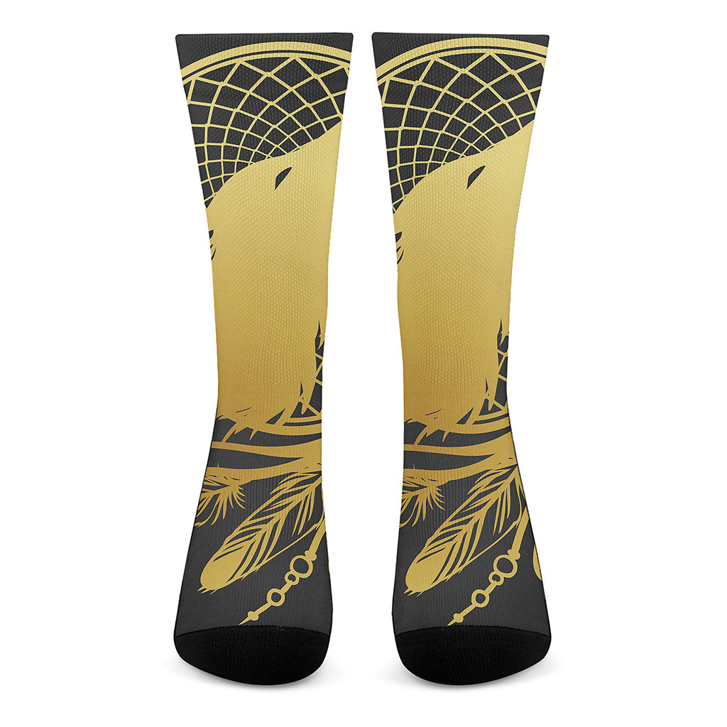 Golden Bohemian Howling Wolf Print Crew Socks