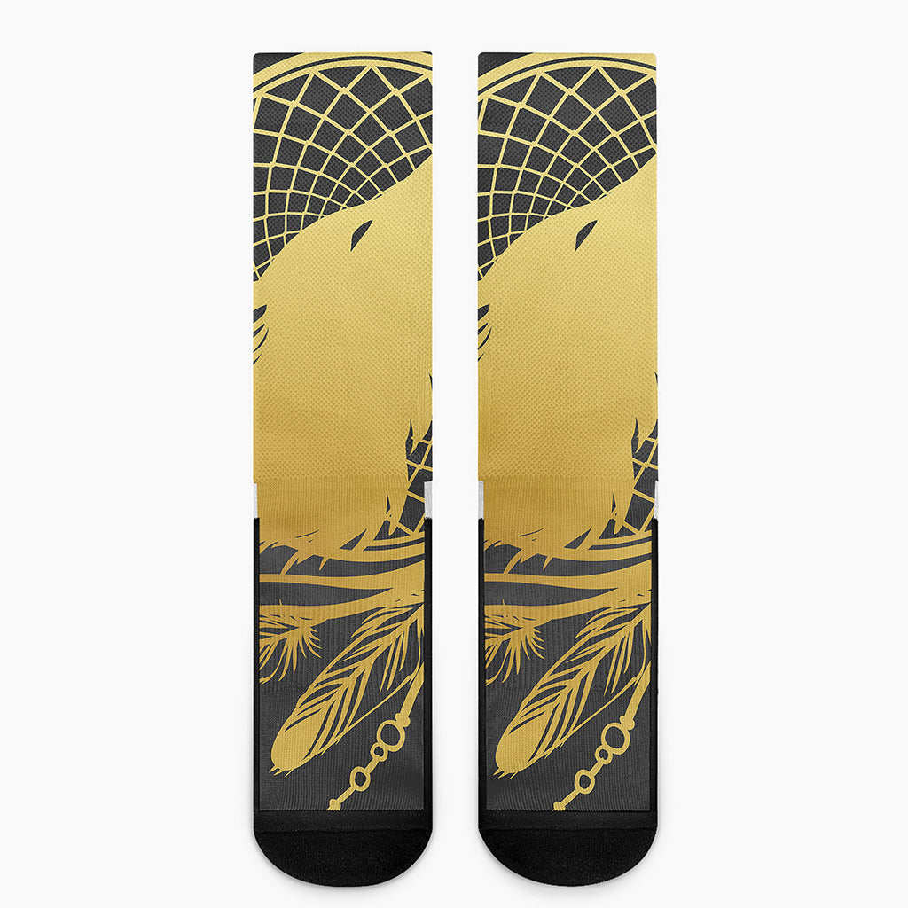 Golden Bohemian Howling Wolf Print Crew Socks