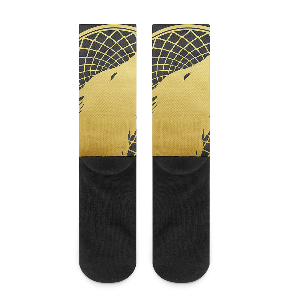 Golden Bohemian Howling Wolf Print Crew Socks