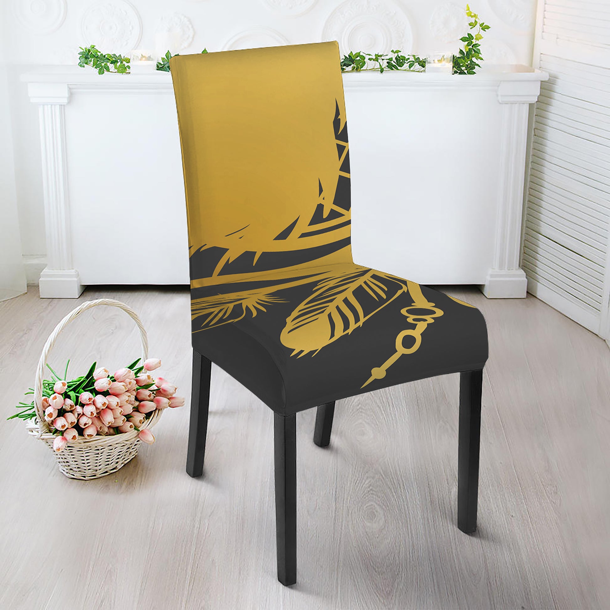 Golden Bohemian Howling Wolf Print Dining Chair Slipcover
