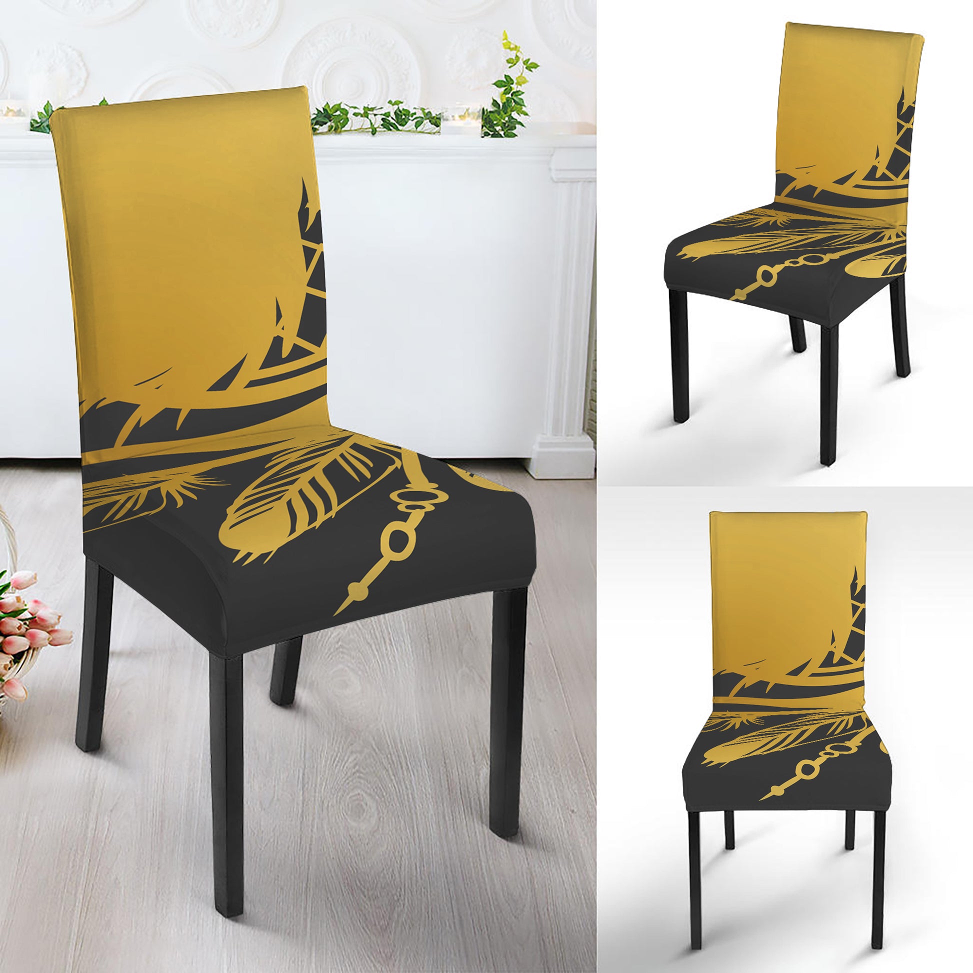 Golden Bohemian Howling Wolf Print Dining Chair Slipcover