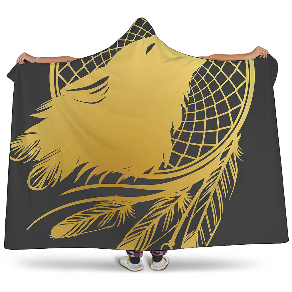 Golden Bohemian Howling Wolf Print Hooded Blanket