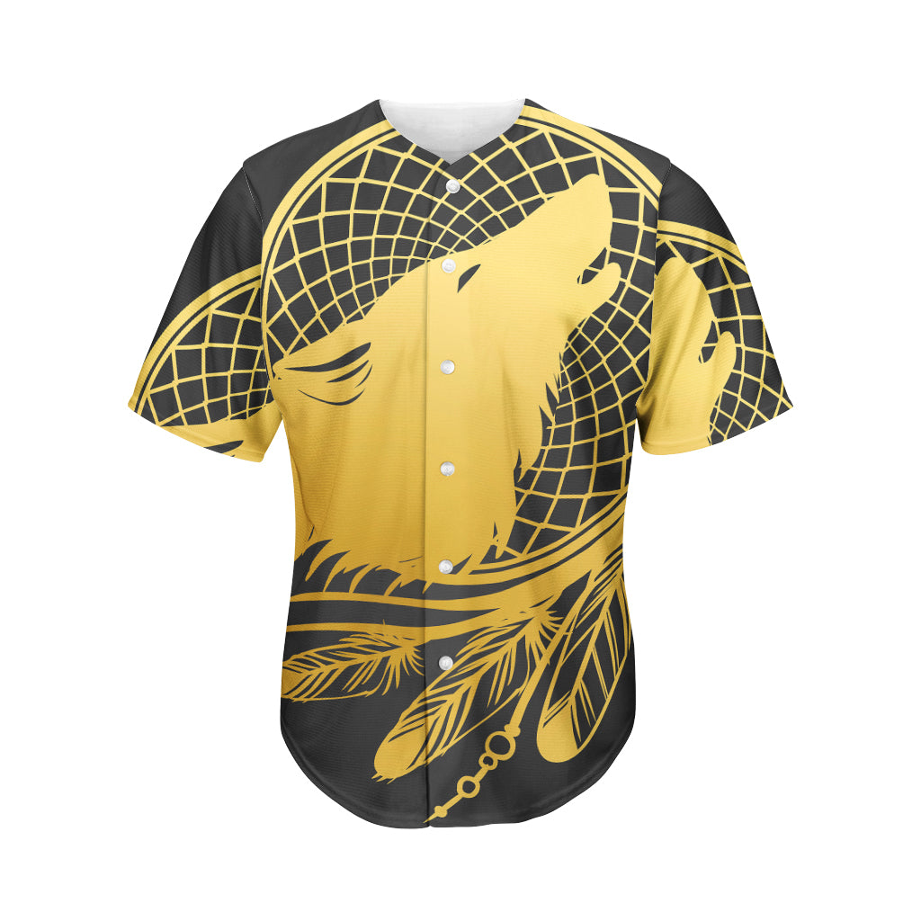 Golden Bohemian Howling Wolf Print Men's Baseball Jersey